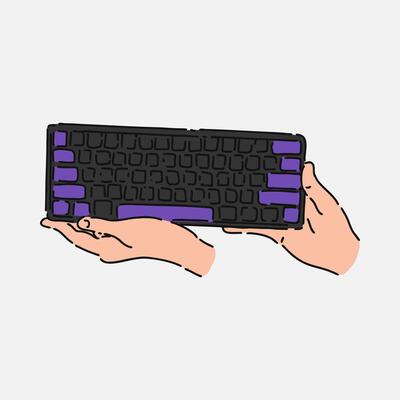 hand holding Keyboard in line art style with color. isolated on white background. hand drawn illustration.