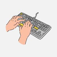 hand holding Keyboard in line art style with color. isolated on white background. hand drawn illustration. vector