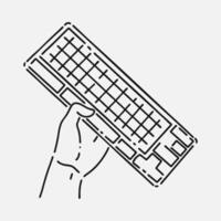 hand holding Keyboard in line art style. isolated on white background. hand drawn illustration. vector