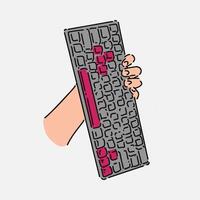 hand holding Keyboard in line art style with color. isolated on white background. hand drawn illustration. vector