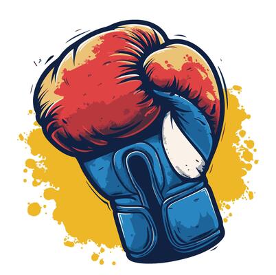 Red blue boxing glove with yellow splatters behind it ,cartoon illustration clip art ,
