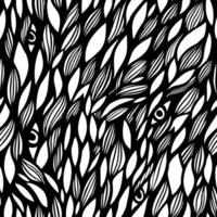 The graphic pattern of leaves, waves, and eyes. Black and white hand-drawn seamless pattern. vector