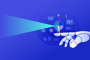 AI Strategy for Digital Marketing concept illustration background banner, Ai Robot hand and businessman vision vector