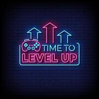 time to level up neon sign with brick wall background vector