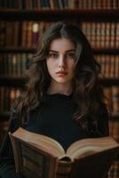 Young Woman Reading Book in Vintage Library photo