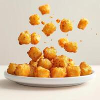 a white plate topped with tater tots on top of a table photo