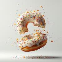 a donut with white frosting and sprinkles is in the air photo