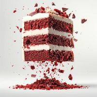 a slice of red velvet cake with white frosting photo