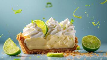 a slice of lime pie with whipped cream and limes around it photo