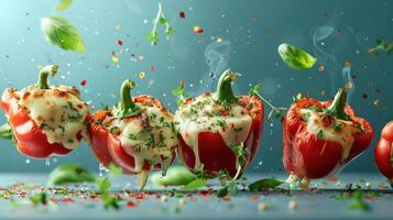 a group of red peppers with cheese and herbs photo
