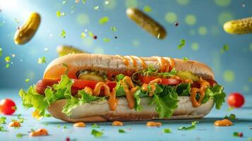a hot dog with mustard, lettuce, tomatoes and pickles photo