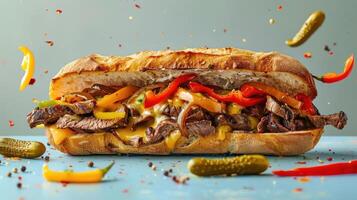 a sandwich with meat, cheese, peppers, and pickles photo