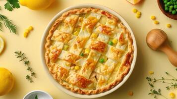 a pie sitting on top of a table next to lemons photo
