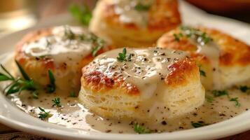 three biscuits covered in cheese and herbs on a plate photo
