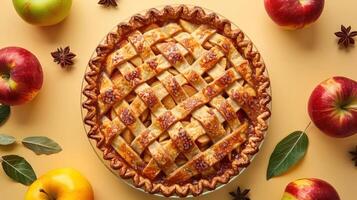 a pie sitting on top of a table surrounded by apples photo