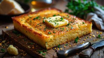 a piece of bread with butter and parsley on it photo