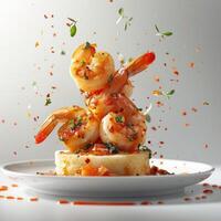 a plate of food with shrimp and sauce on it photo