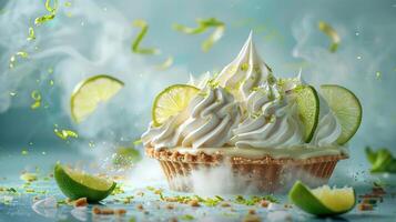 a cupcake with whipped cream and lime slices on it photo