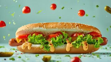 a hot dog with lettuce and tomatoes on it photo