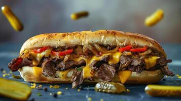 a sandwich with meat and cheese on it with pickles photo