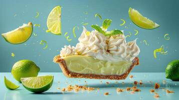 a slice of pie with whipped cream and limes photo