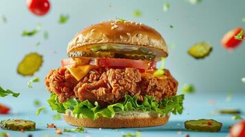 a close up of a chicken sandwich with lettuce, tomato, and pickles photo