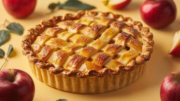 a pie with apples and leaves on the table photo