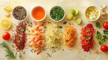 many different types of food on the table photo