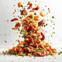 araffe with peas, tomatoes, and other vegetables falling into a pile photo