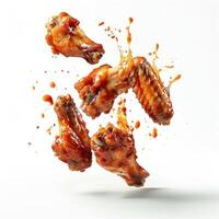 wings are flying in the air with sauce on them photo