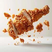 araffe chicken with a bite taken out of it being tossed by a pile of fried food photo