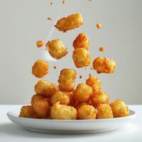 a plate of fried tater tots being thrown into the air photo