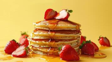 araffe with syrup and strawberries on top of a stack of pancakes photo