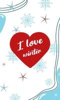 winter background with knitted heart. Vertical open with snowflakes and abstract image. vector