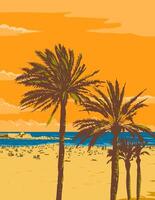 Palm Trees at Barceloneta Beach in Barcelona Spain WPA Poster Art vector