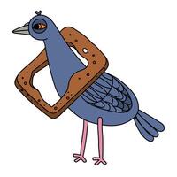 Illustration of a dove with bread around its neck in cartoon style on a white background. vector