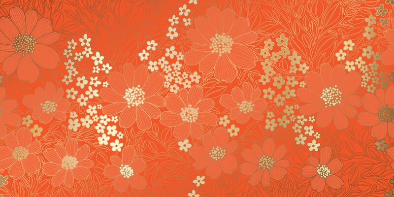 Floral Pattern of Golden Metallic Foiled Contour Flowers and Leaves on Red Orange. Luxurious Art Deco Wallpaper Design for Print, Poster, Cover, Banner, Invitation, Package, Beauty Products.