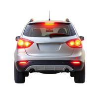 Rear view of a modern car with brake lights on png