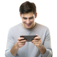 Man holding smartphone horizontally, playing mobile game png