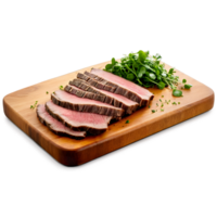 Roast Beef thinly sliced and artfully arranged on a wooden serving board with a few png
