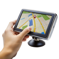 Hand using GPS device for navigation, showing map and directions png