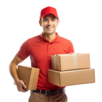 Delivery man holding packages and smiling png