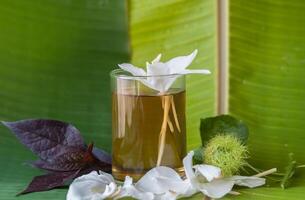 Coffee beans in a glass cup on a banana leaf background photo