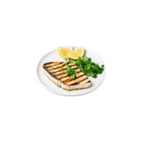 Grilled swordfish steak with visible grill marks lemon butter sauce and parsley sprig isolated Summer png