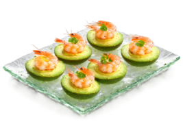 Canapes shrimp and avocado with a hint of lime served on a transparent glass tray png