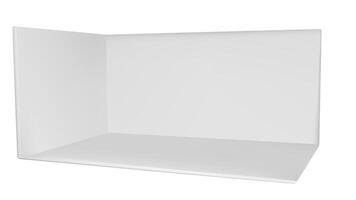 3d booth stand mockup for event. Blank exhibition corner room rectangle mock up. Empty presentation interior render with floor. Tradeshow showroom for press promotion. Expo kiosk box area layout vector