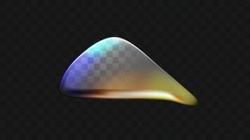 3d holographic liquid glass. Abstract crystal transparent prism object with rainbow flare. Organic blob drop isolated. Light reflection bubble overlay. Dark refraction form with iridescent caustic vector