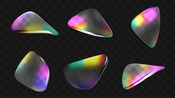 3d abstract holographic liquid prism shape set. Transparent fluid crystal hologram effect blob. Iridescent drop rainbow caustic. Futuristic neon refraction overlay collection for trendy music asset vector