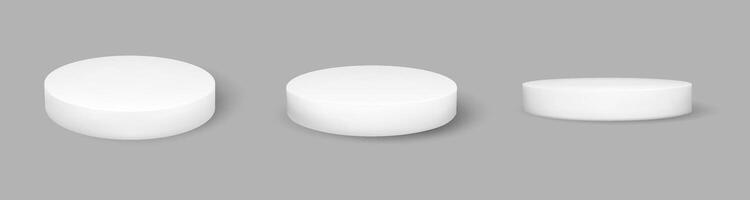 3d round product podium. Circle base angle view isolated object. Circular platform set for showcase exhibition. Cheese cake premium display stand mockup. Event advertising with show plate vector