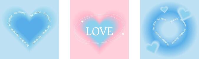 Y2k aura heart template. Pink girly poster background with gradient pattern. Cute trendy love day aesthetic graphic set. 90s square abstract promotion with dreamy romantic layout. Be mine valentine vector